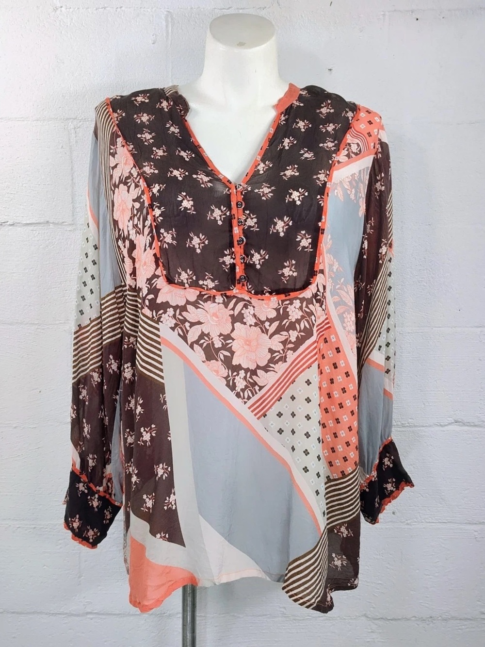 Johnny Was Roslyn Toni Blouse Career Top Brown Floral - Picture 4 of 4